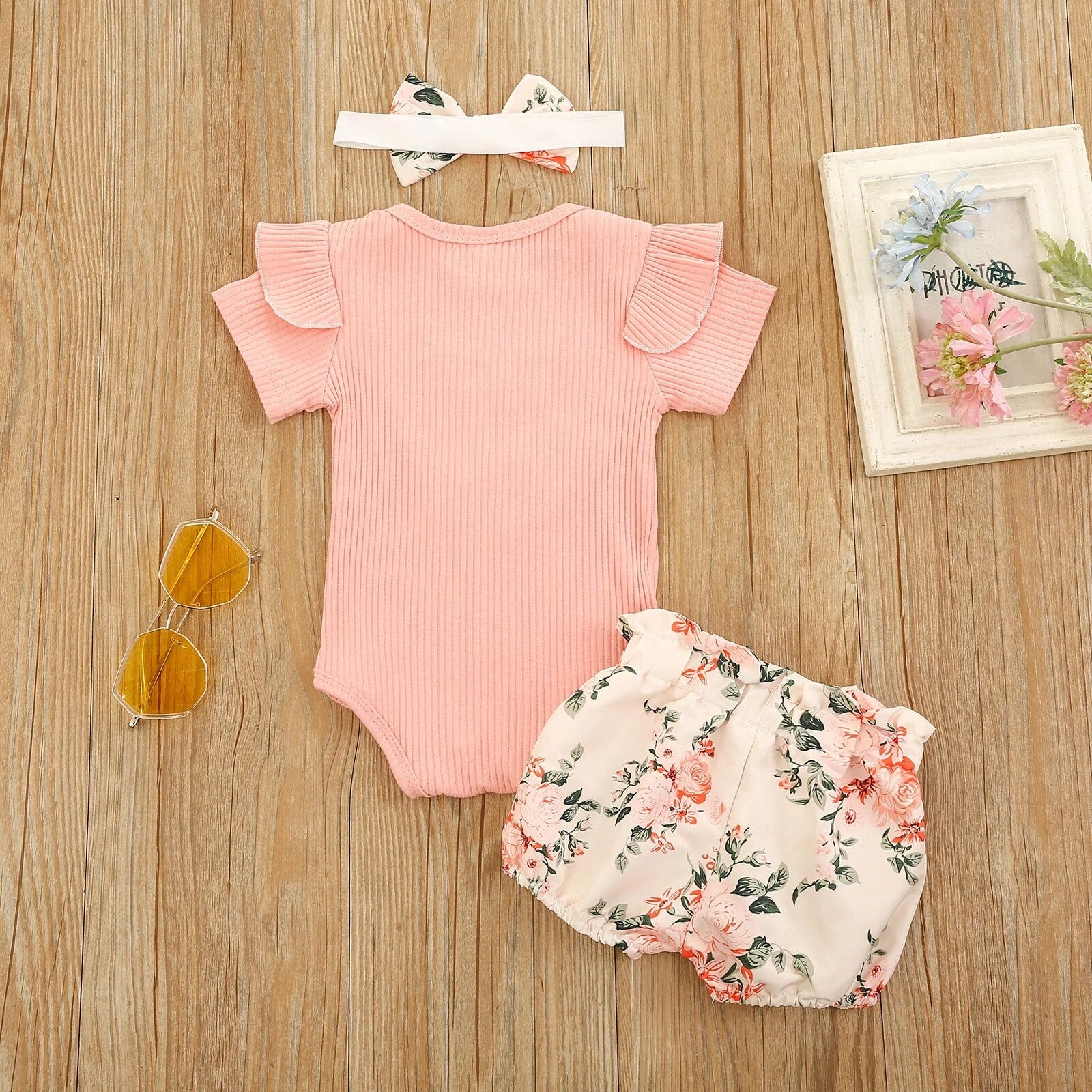 Pink Floral Heart Romper Set