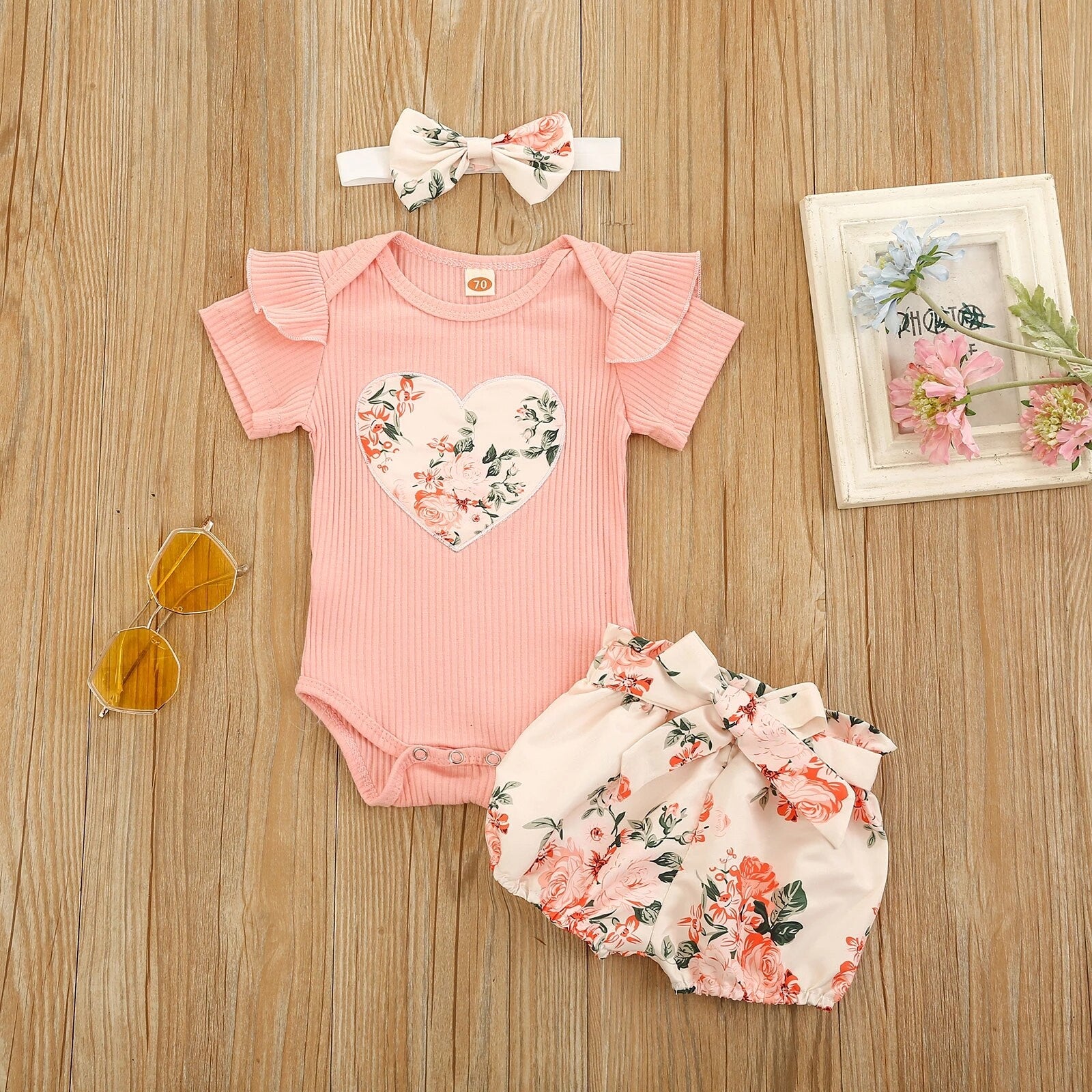 Pink Floral Heart Romper Set